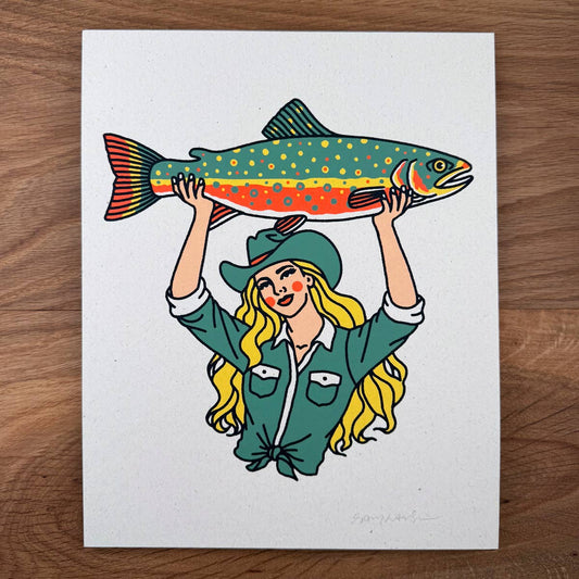 Brook Trout Cowgirl #1 - Signed 8x10in Silkscreen Print on Recycled Paper