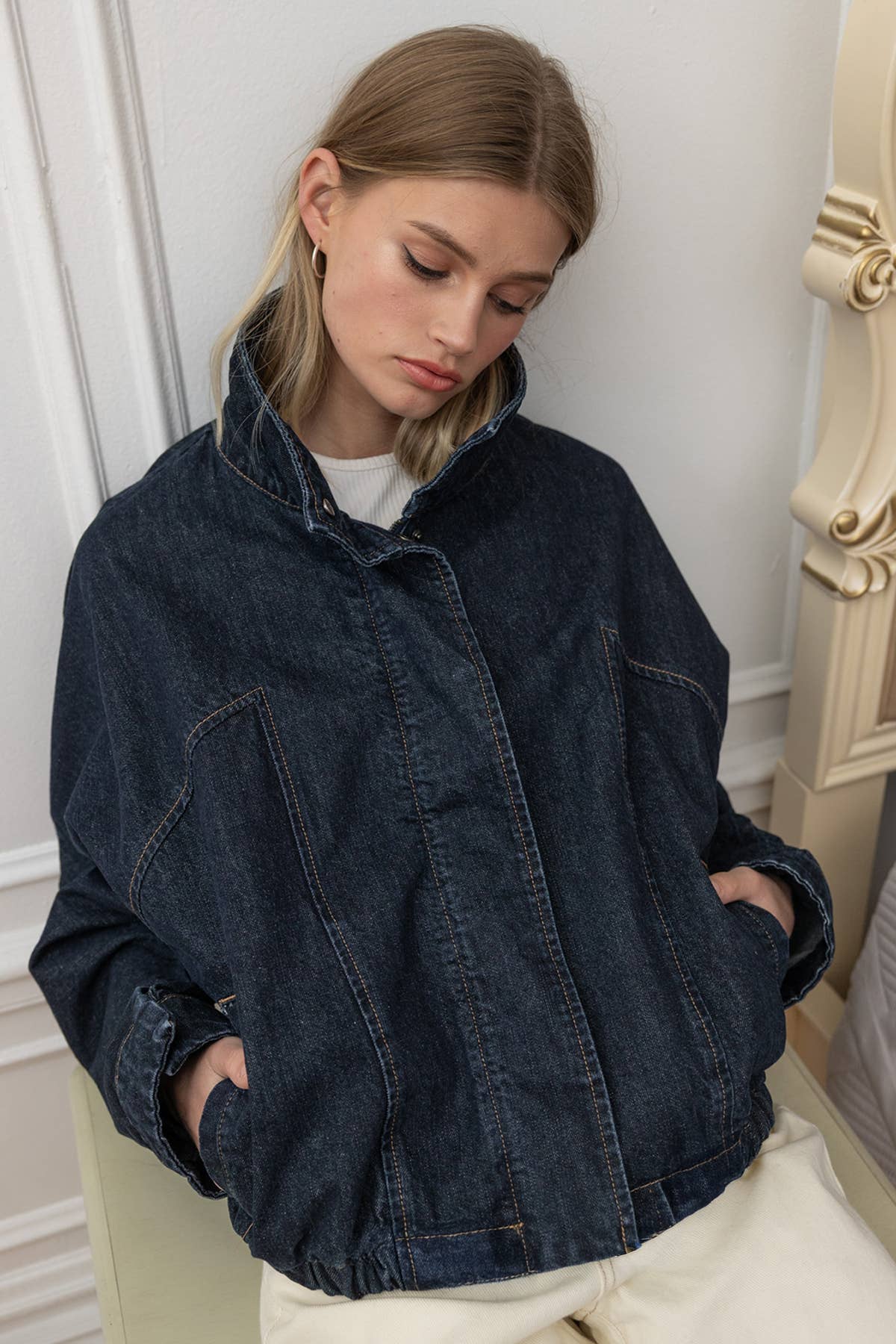 High Neck Funnel Denim Dark Wash Jacket