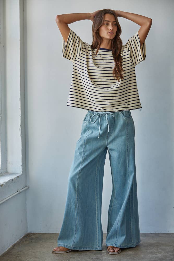 Woven Cotton Denim Wide Leg Pants With Pockets