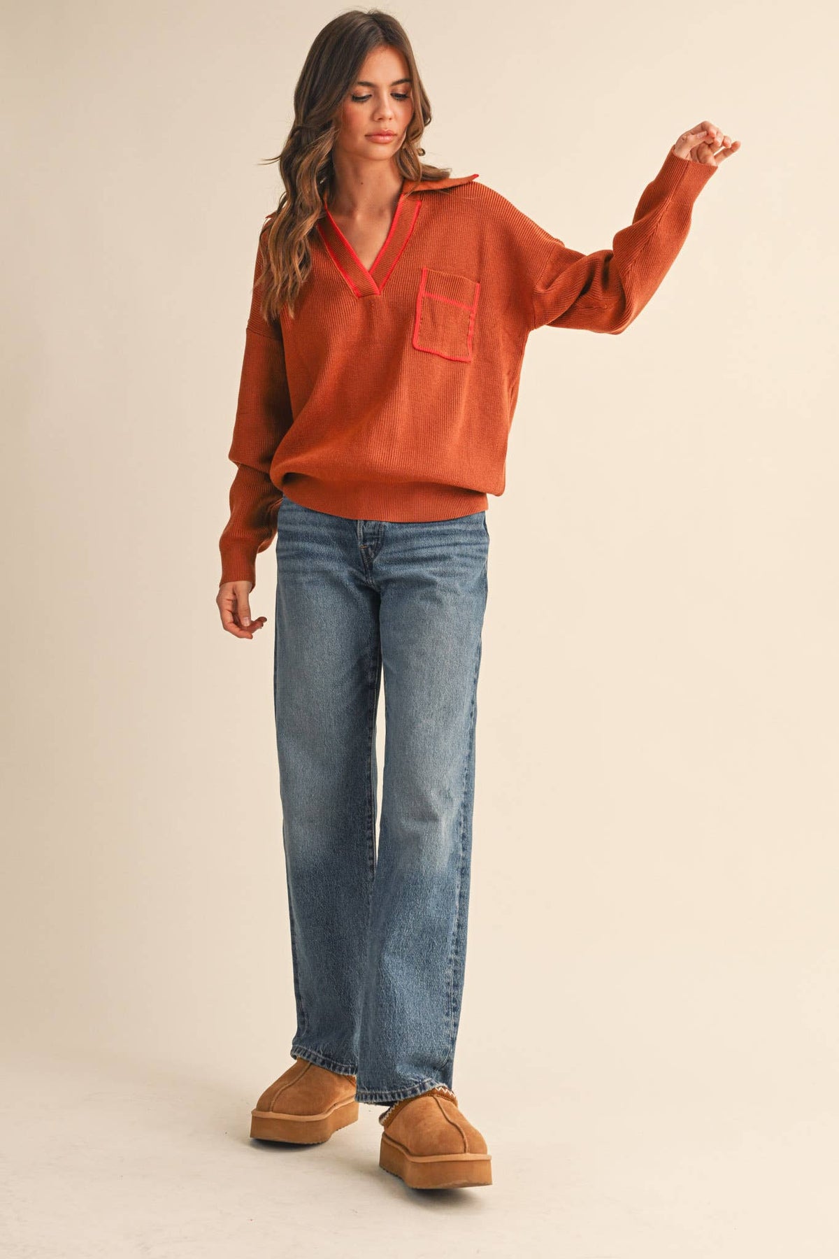 Contrast Color Ribbed Collar Sweater