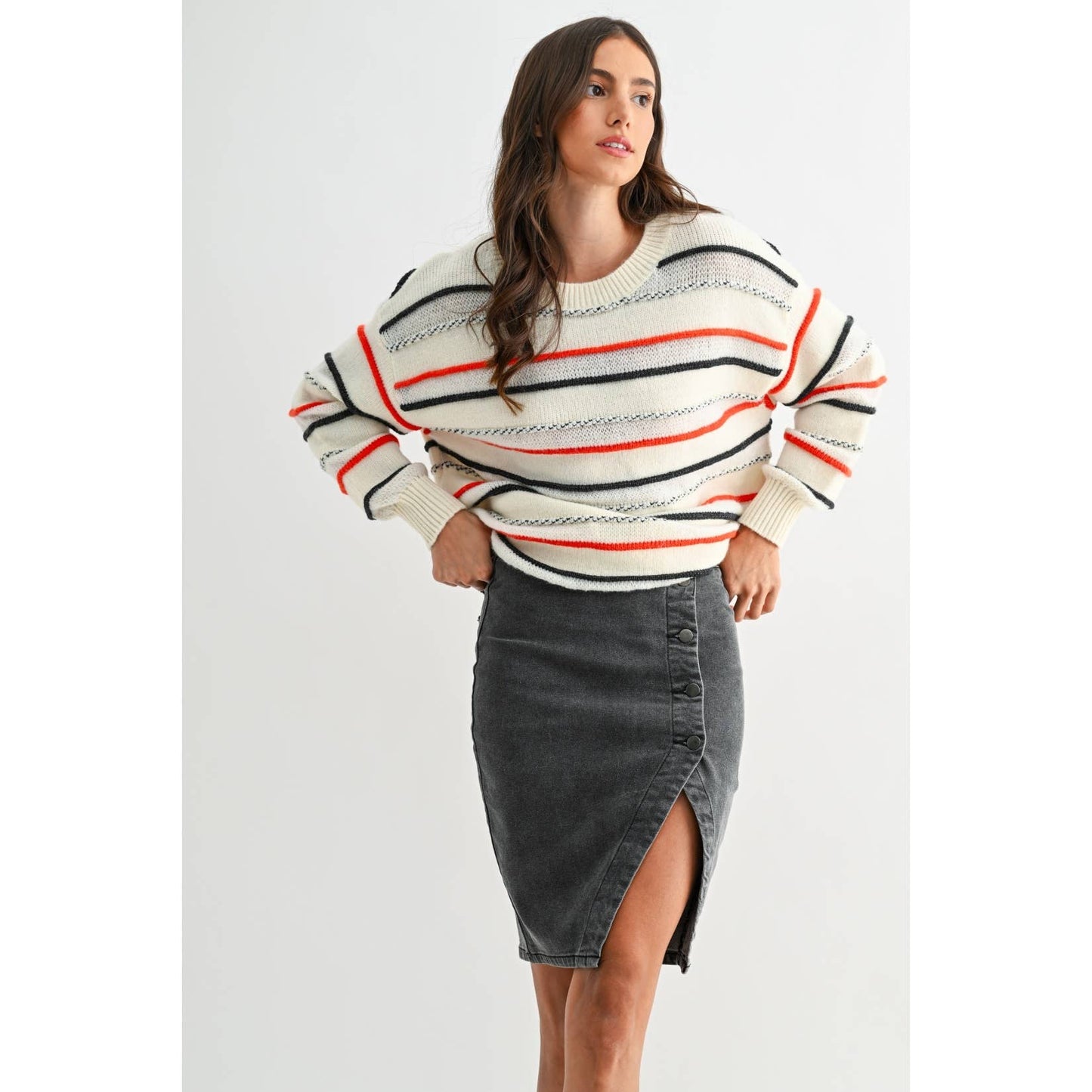 Washed Dark Grey Button Denim Skirt