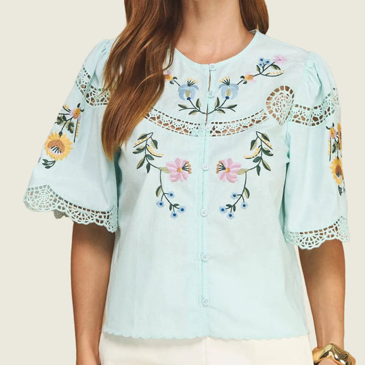 Embroidered Floral Lace Detail Scalloped Short Sleeve Top