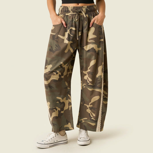 Bronson Camo Print Barrel Leg Jeans with Lace Trim