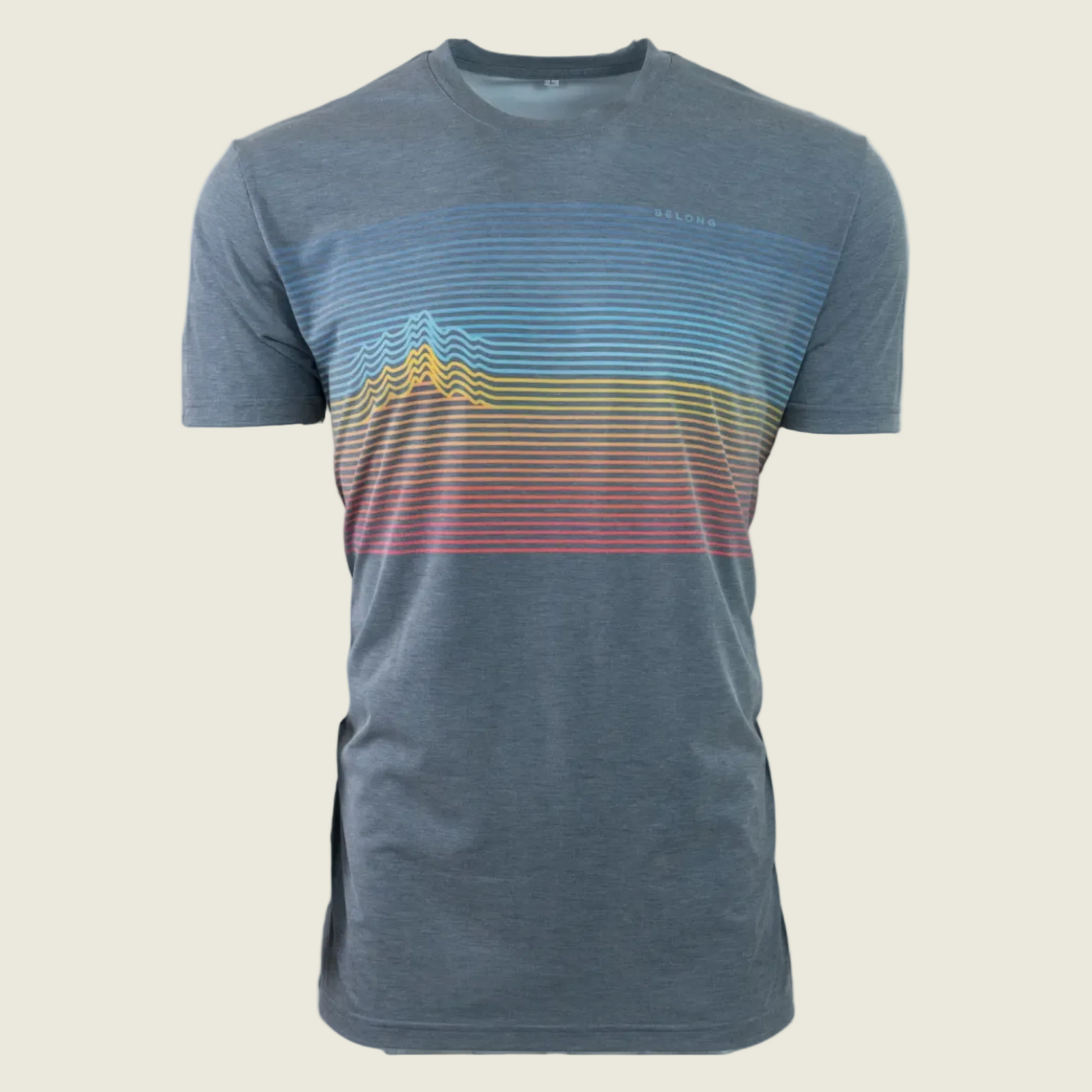 Dusty blue t-shirt with colorful mountain design on a white background