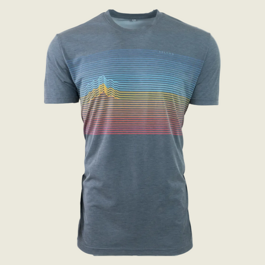 Dusty blue t-shirt with colorful mountain design on a white background
