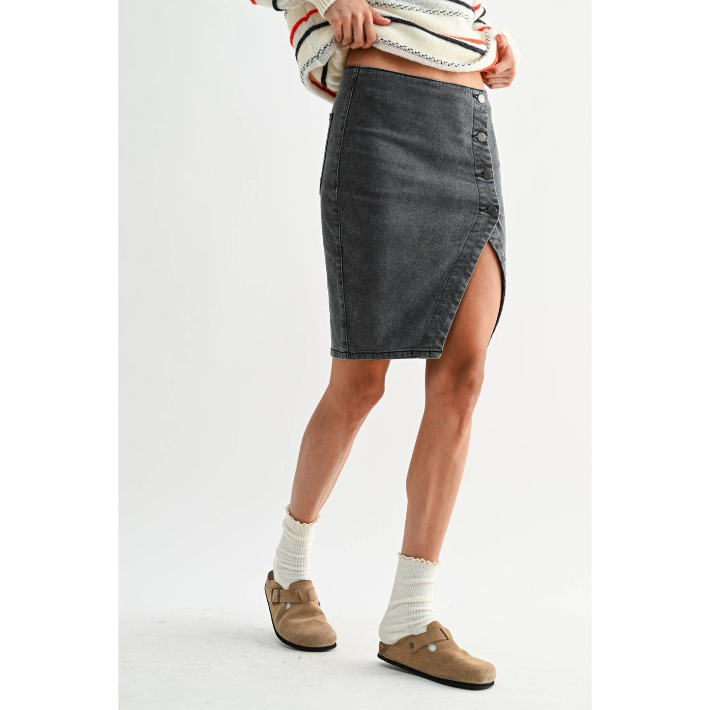 Washed Dark Grey Button Denim Skirt