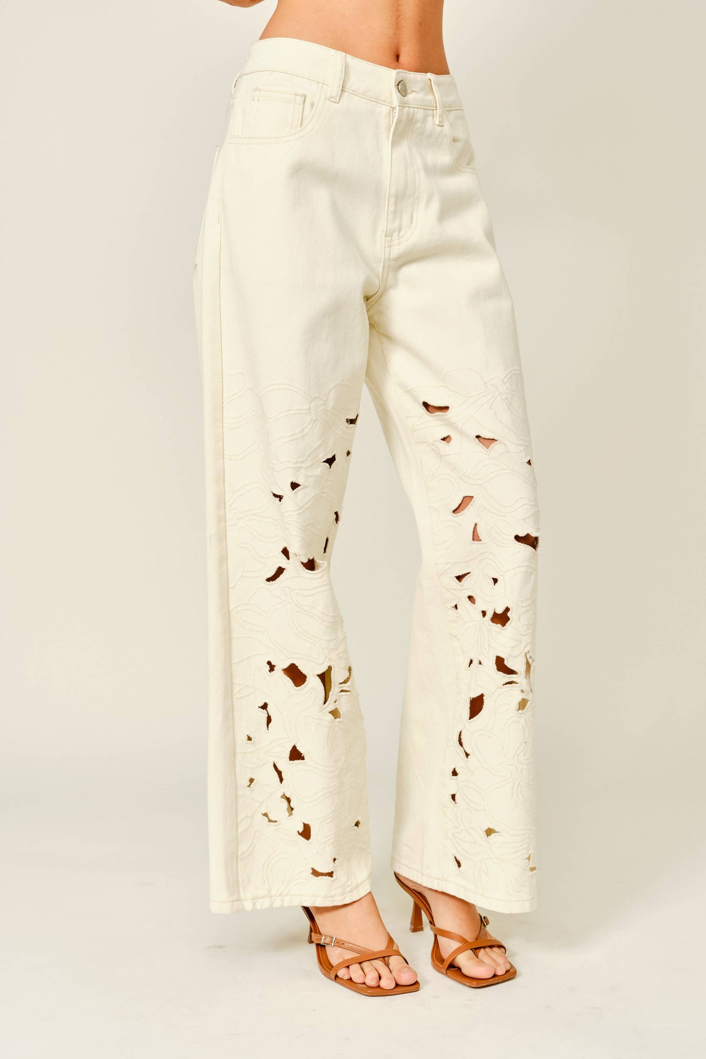 Cut Out Embroidered Wide Leg Jeans