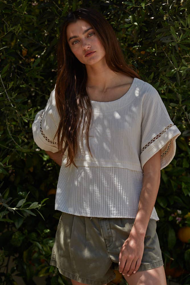 Woven Cotton Boat Neck Short Sleeve Top