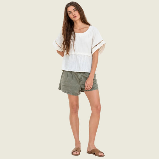 Woven Cotton Boat Neck Short Sleeve Top