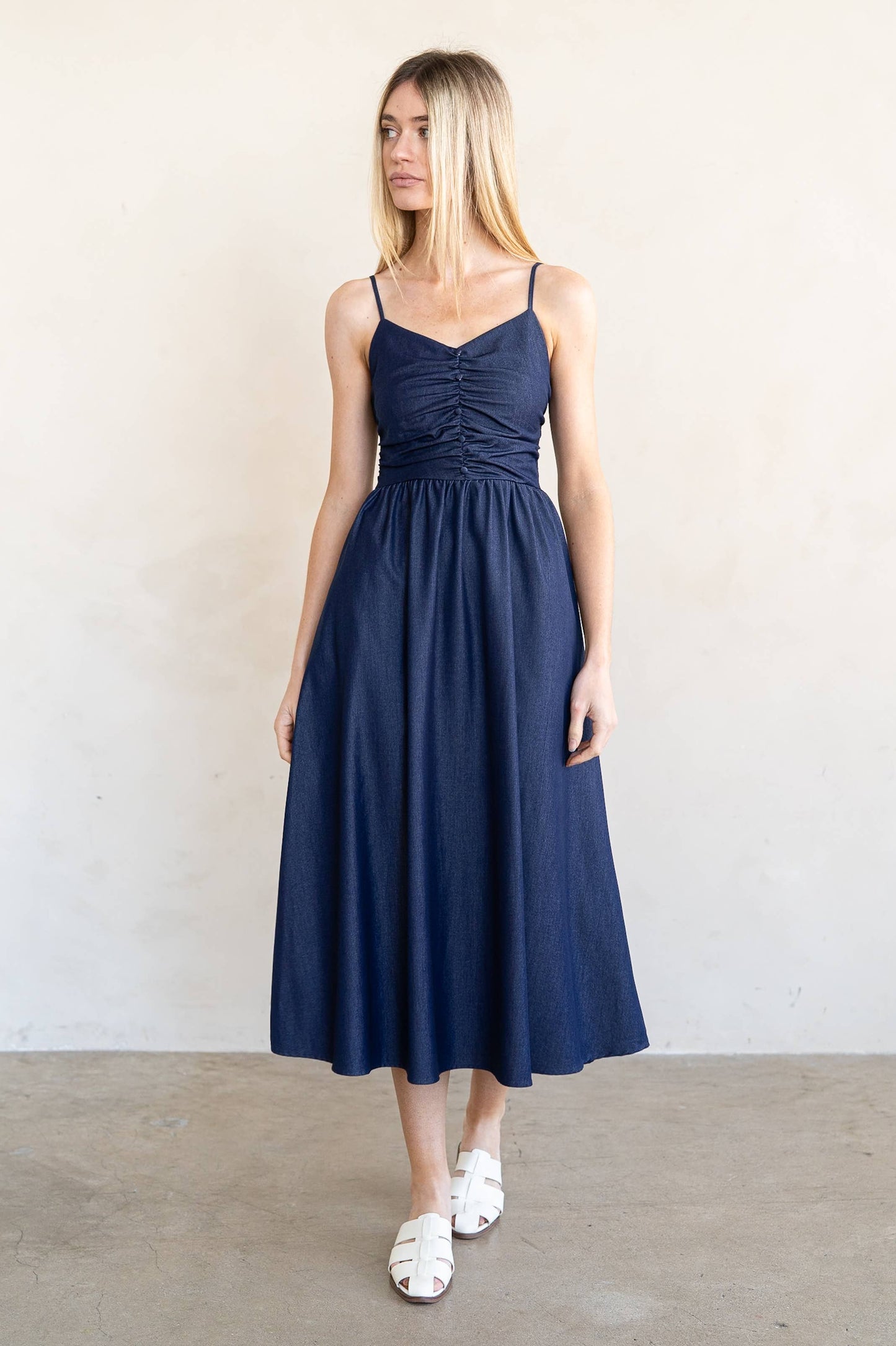 Spaghetti Strap Shirring Flared Midi Dress