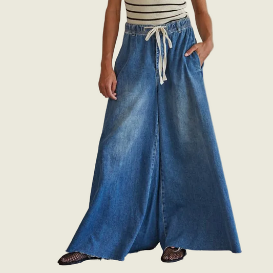 Denim Drawstring Waist Band Wide Leg Pants