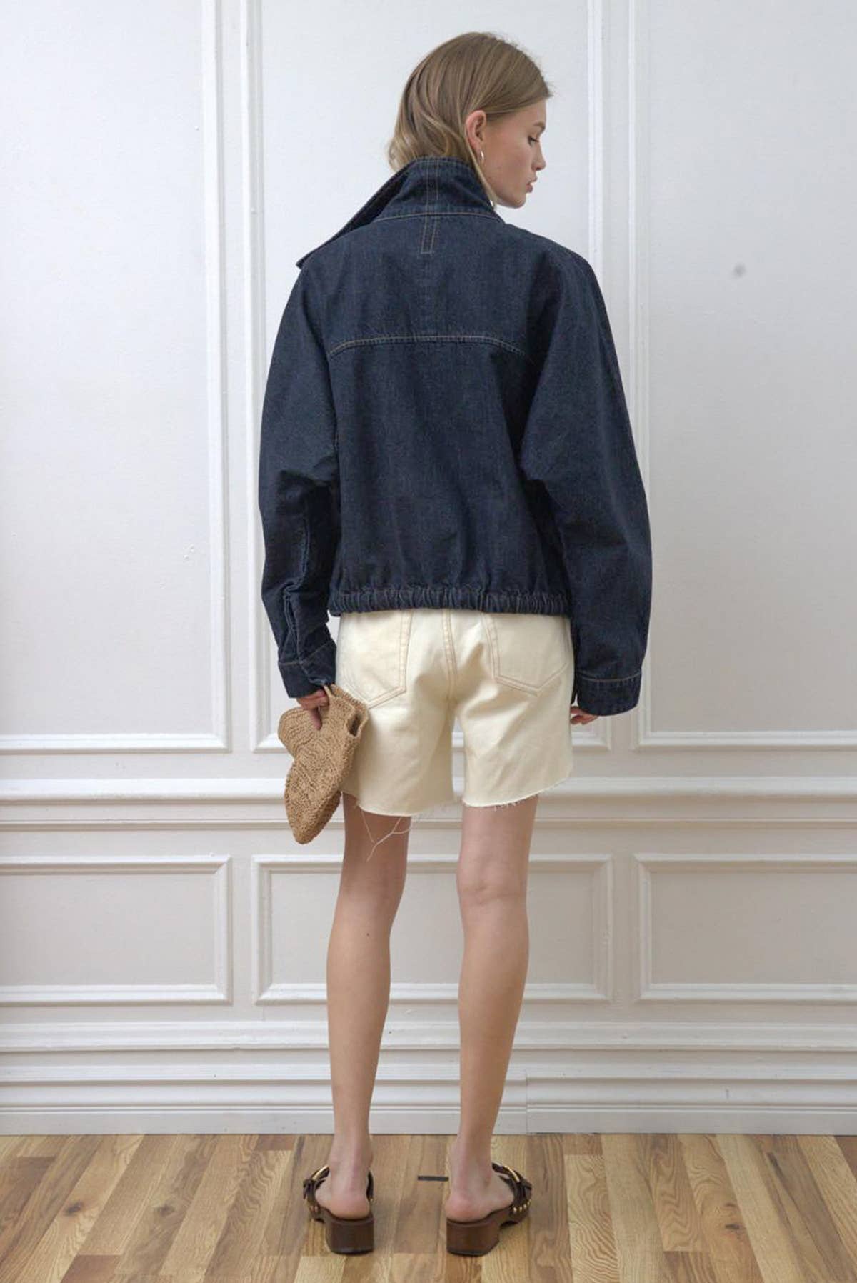 High Neck Funnel Denim Dark Wash Jacket