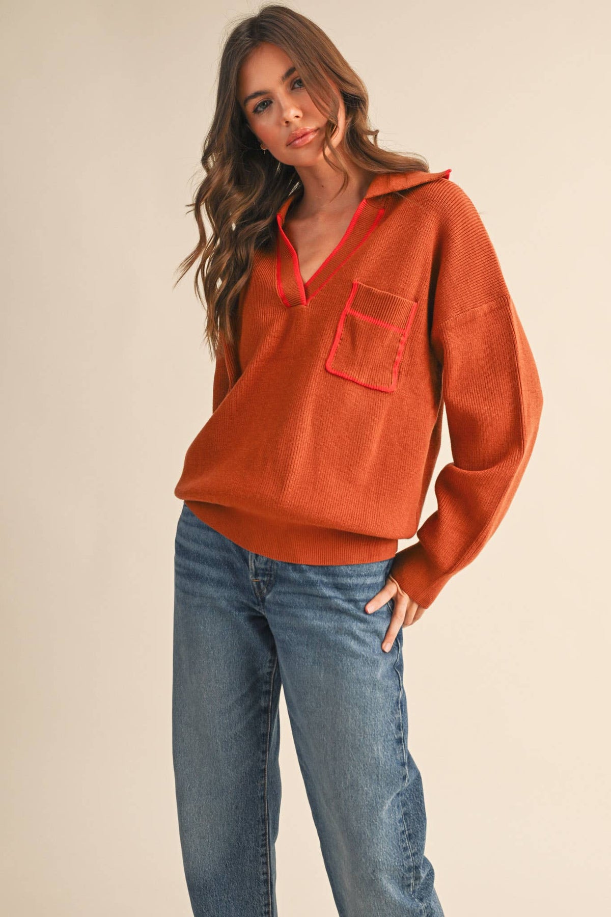 Contrast Color Ribbed Collar Sweater