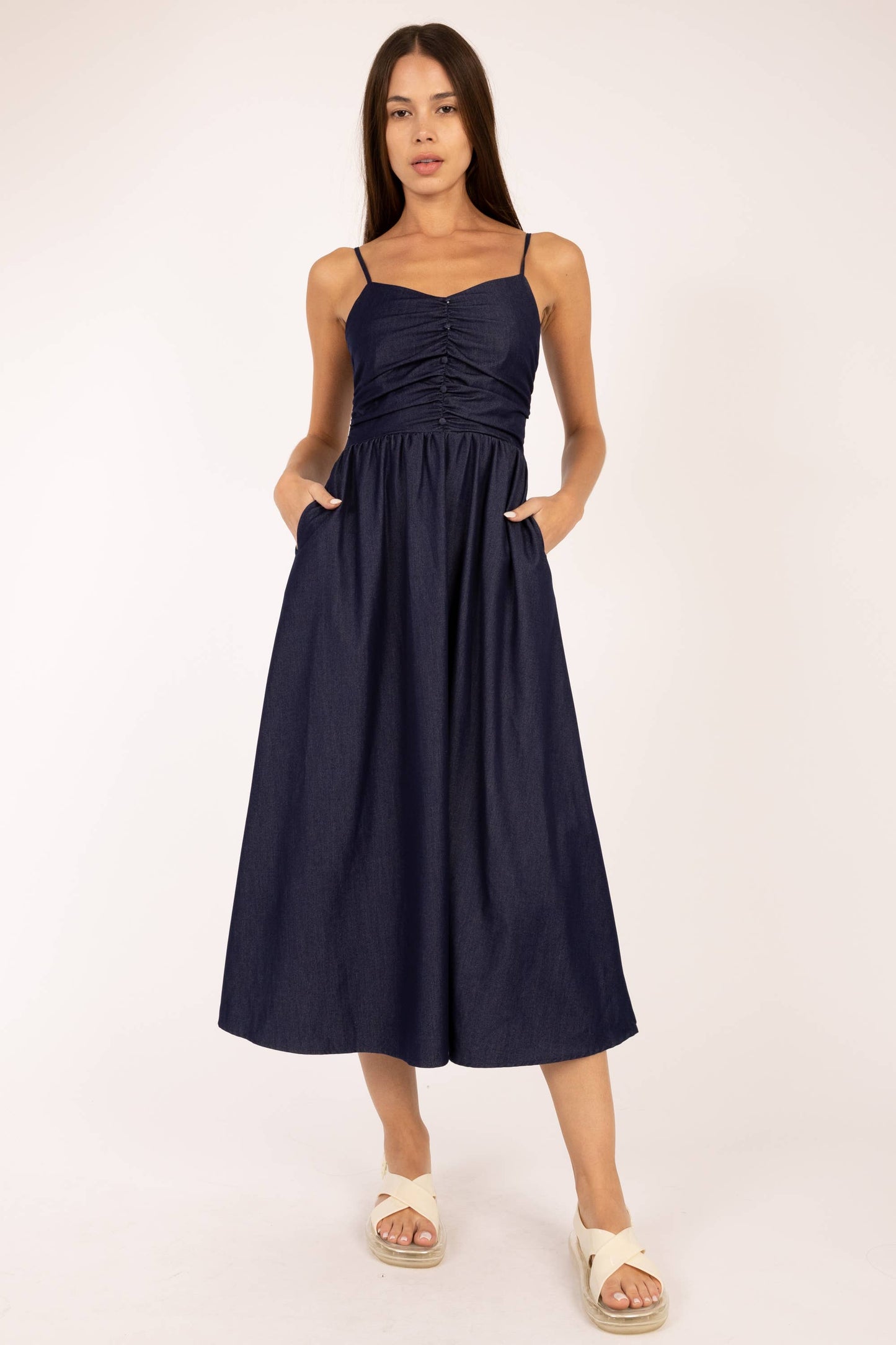 Spaghetti Strap Shirring Flared Midi Dress