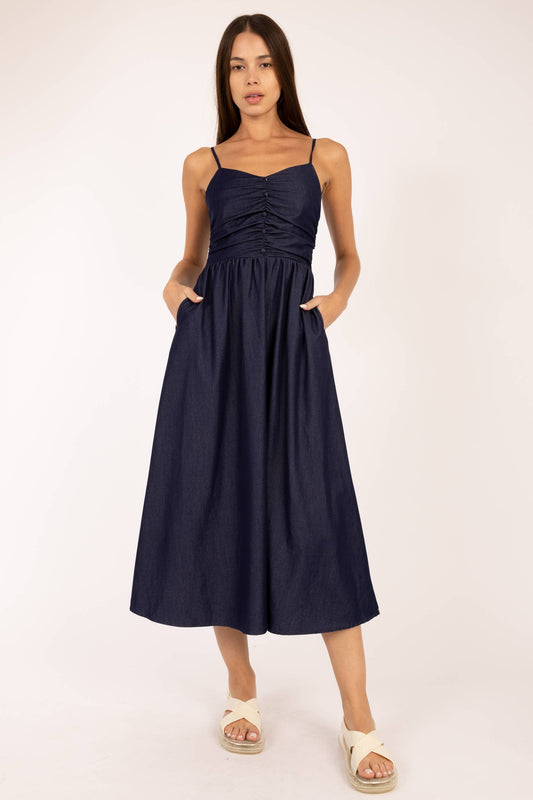 Spaghetti Strap Shirring Flared Midi Dress
