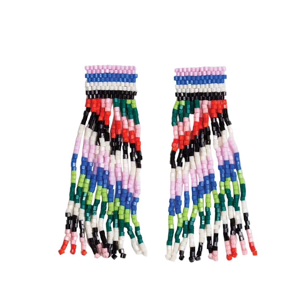Marilyn Diagonal Stripes Beaded Fringe Earrings - Rio - Ink + Alloy