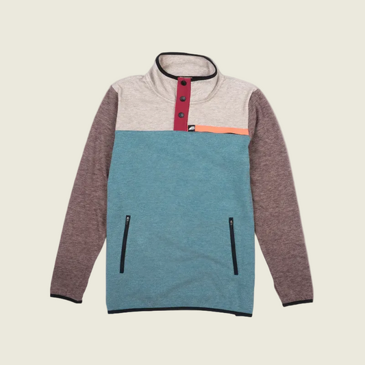 Color-blocked pullover with a mix of brown, blue, and beige on a white background