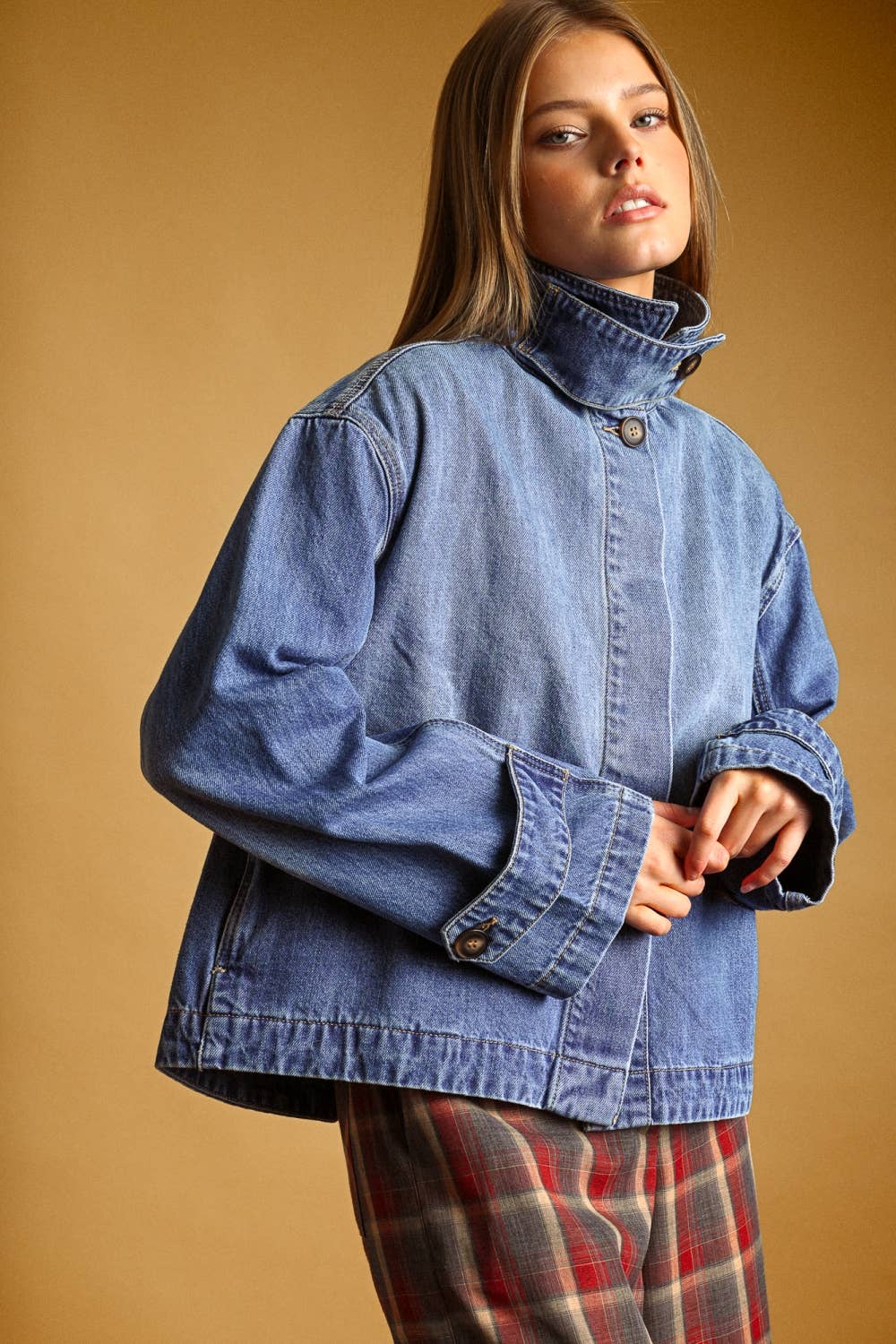 High Collar Funnel Neck Light Wash Denim Jacket