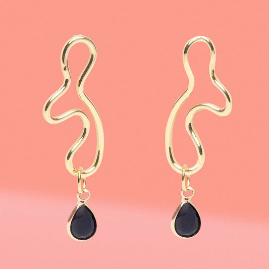 Abstract Wiggle Gold Plated Hoop Black Glass Charm