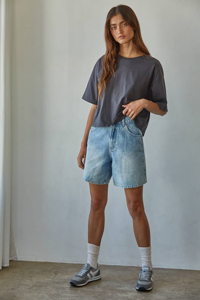 Knit Cotton Crew Neck Drop Shoulder Short Sleeve Top