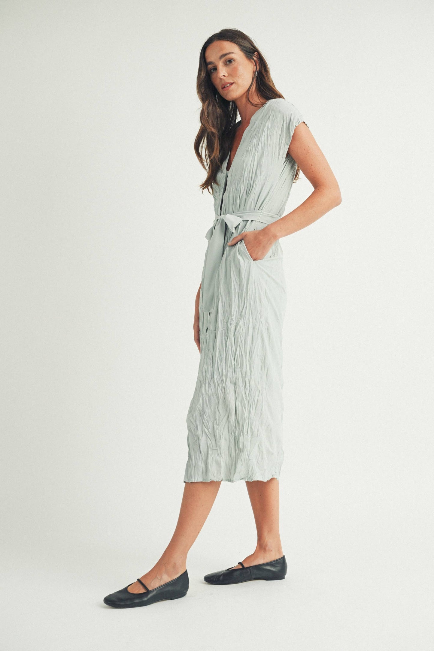 Mint Crinkled Button Up Midi Dress