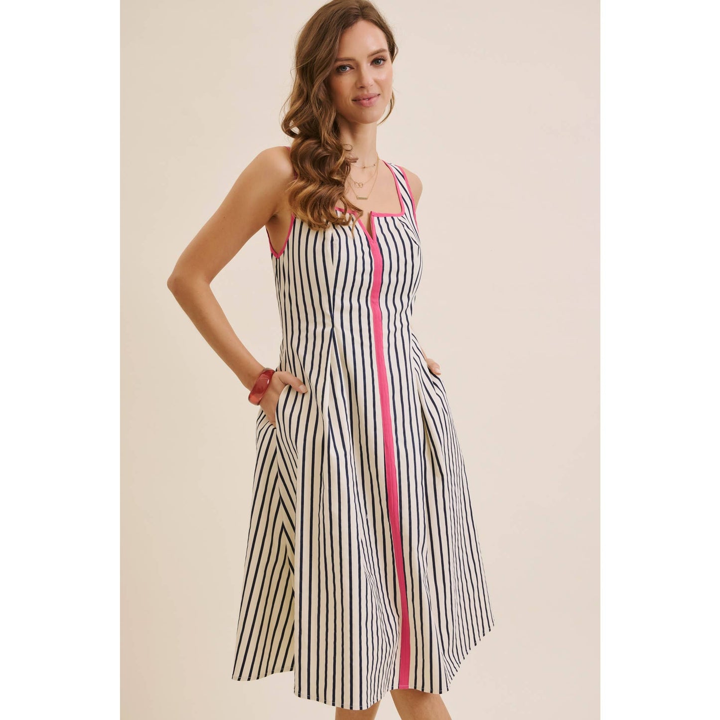 STRIPE PREPPY FIT-AND-FLARE MIDI WITH BOLD PINK CONTRAST