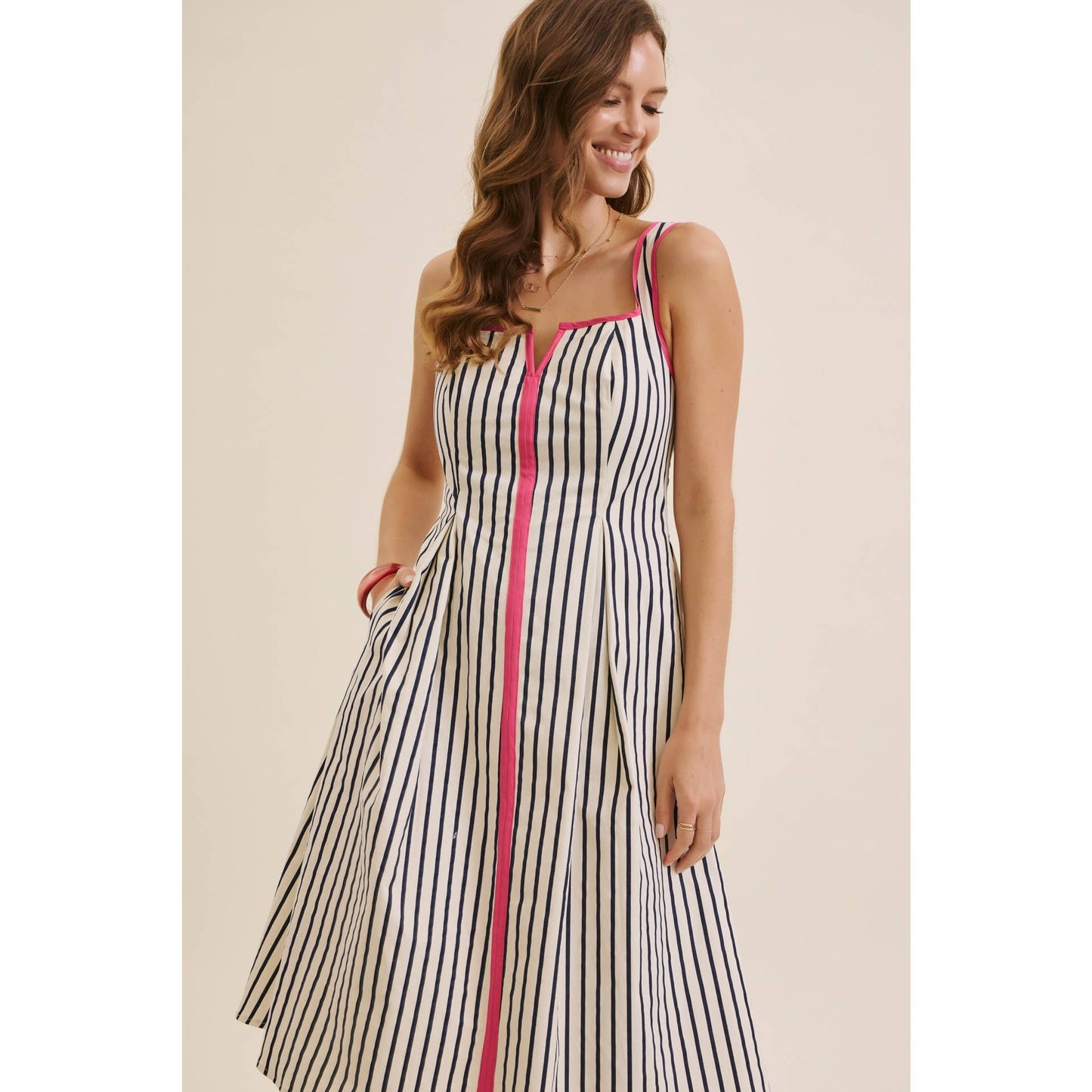STRIPE PREPPY FIT-AND-FLARE MIDI WITH BOLD PINK CONTRAST
