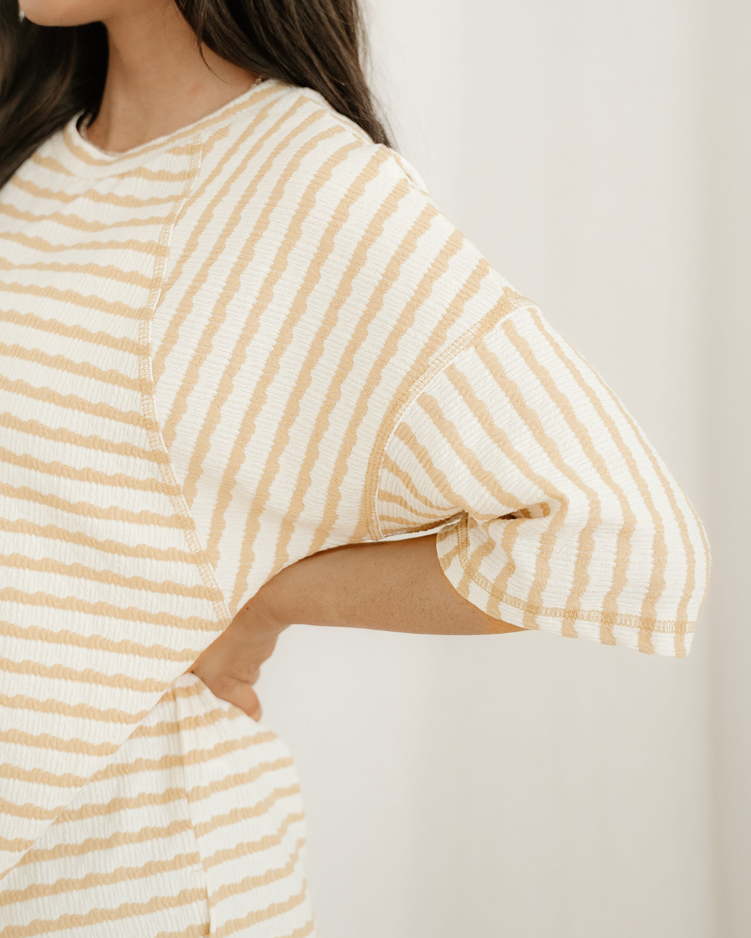 Noelle Textured Knit Top-Apricot | Stripe Tee |Split Hem Tee