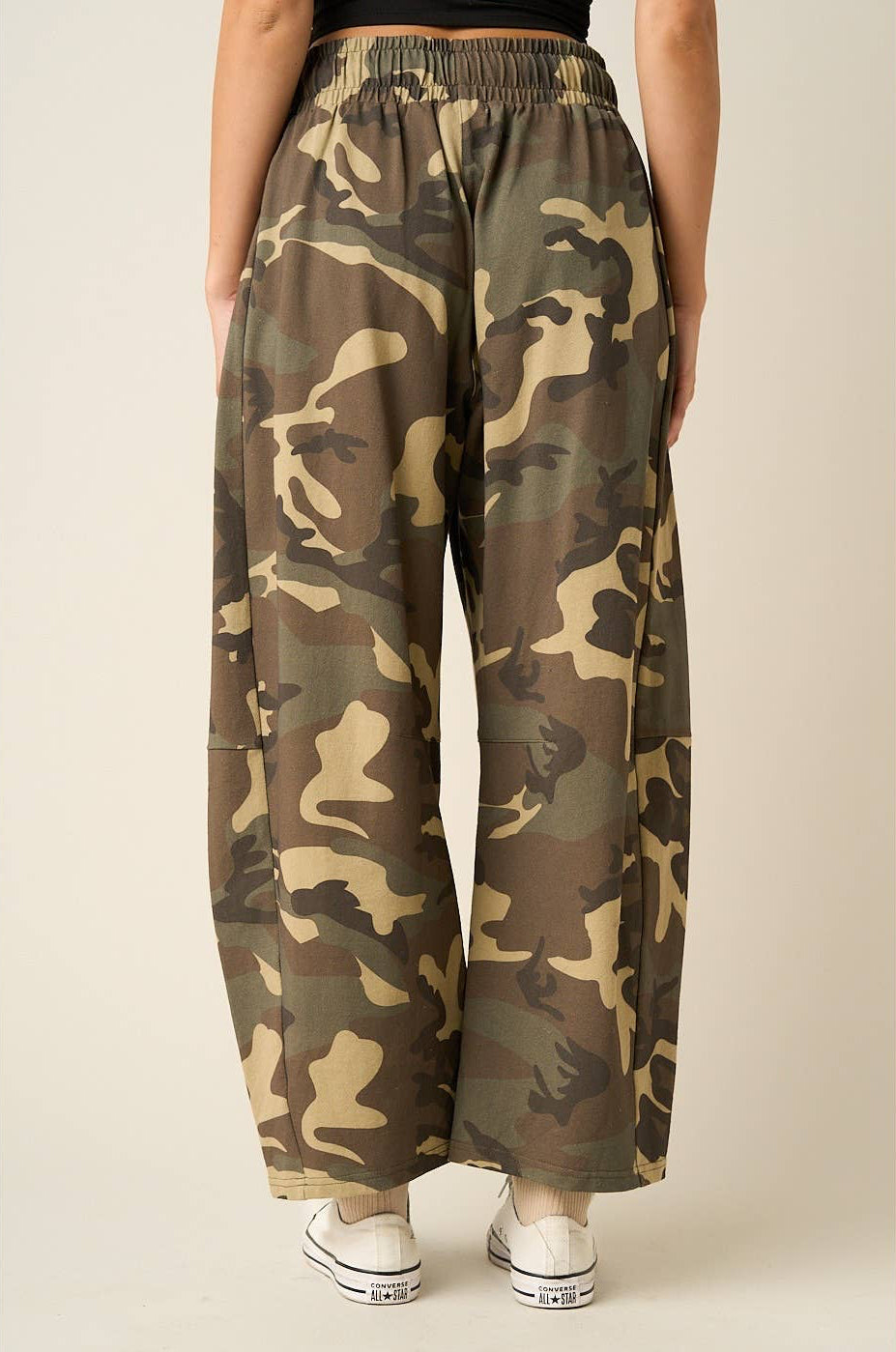 Bronson Camo Print Barrel Leg Jeans with Lace Trim