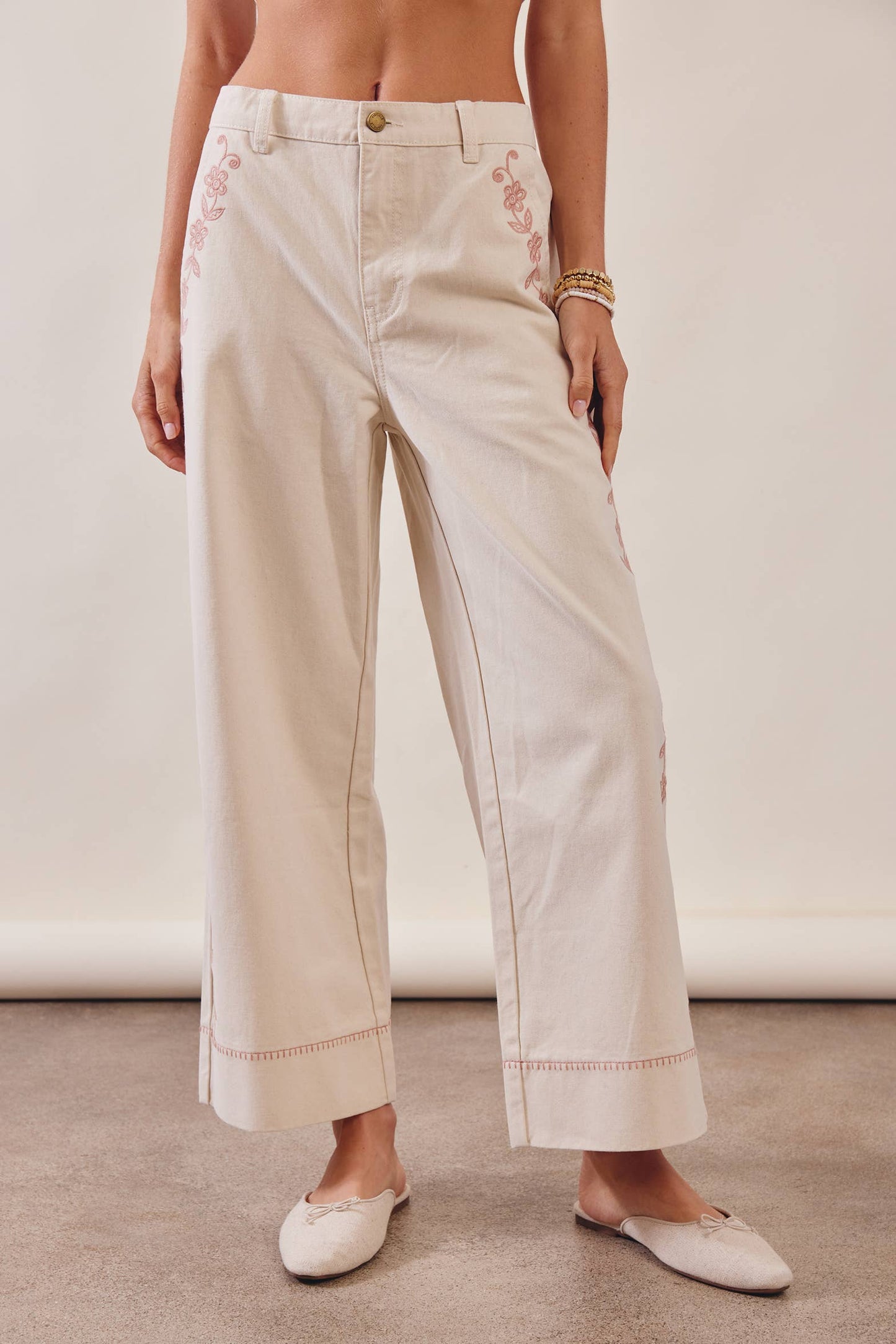 Floral Embroidered Cropped Wide-Leg Pants
