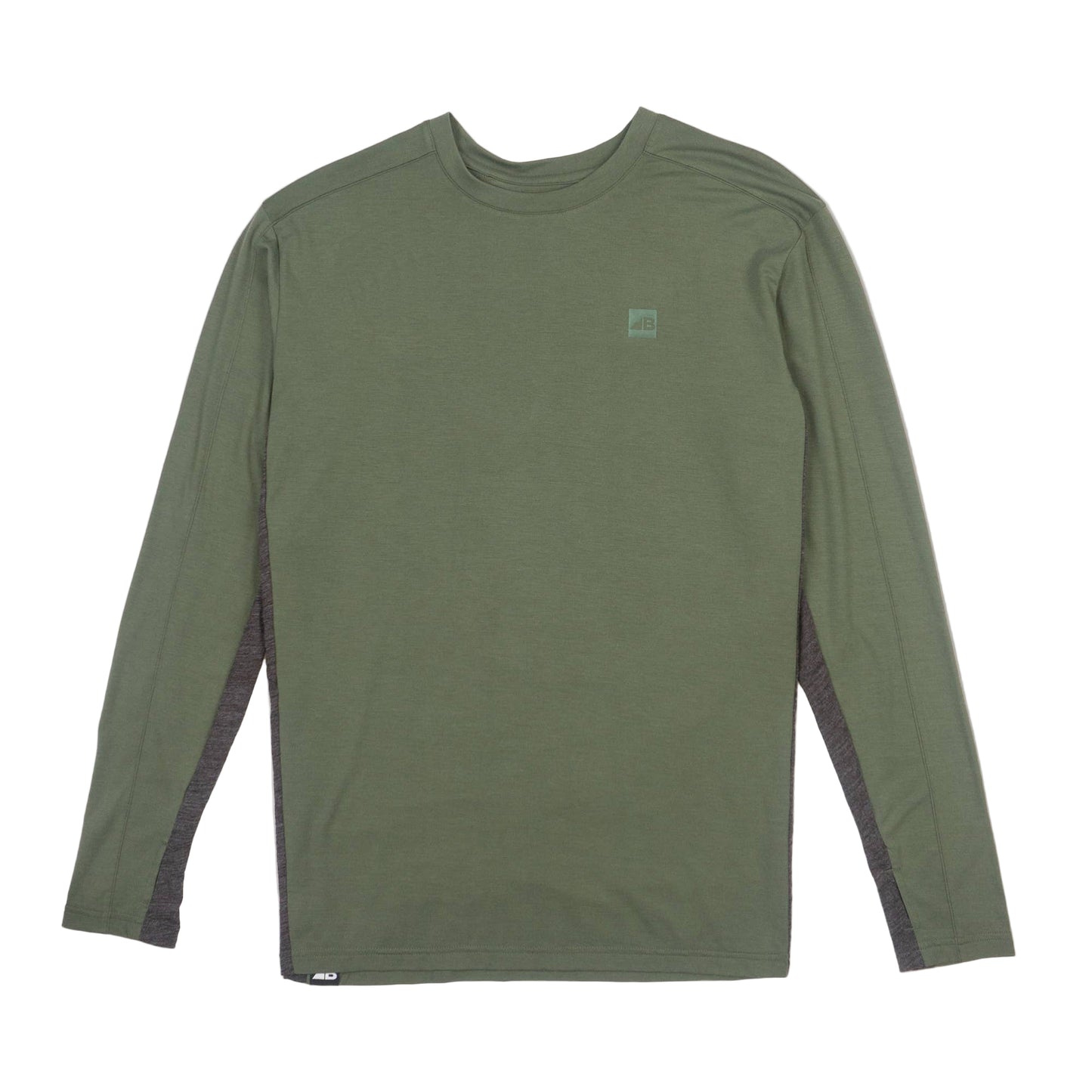Green long-sleeve shirt with a small logo on a white background