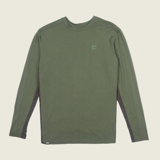 Green long-sleeve shirt with a small logo on a white background