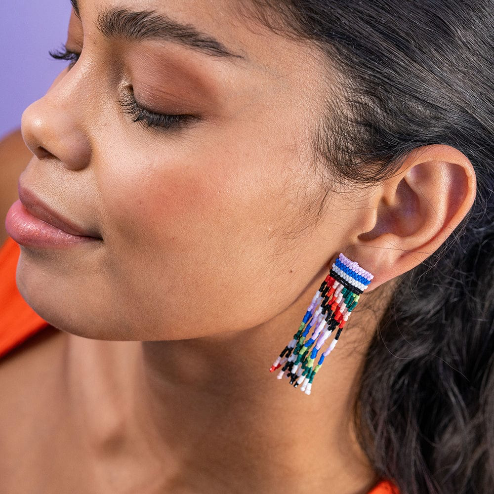 Marilyn Diagonal Stripes Beaded Fringe Earrings - Rio - Ink + Alloy