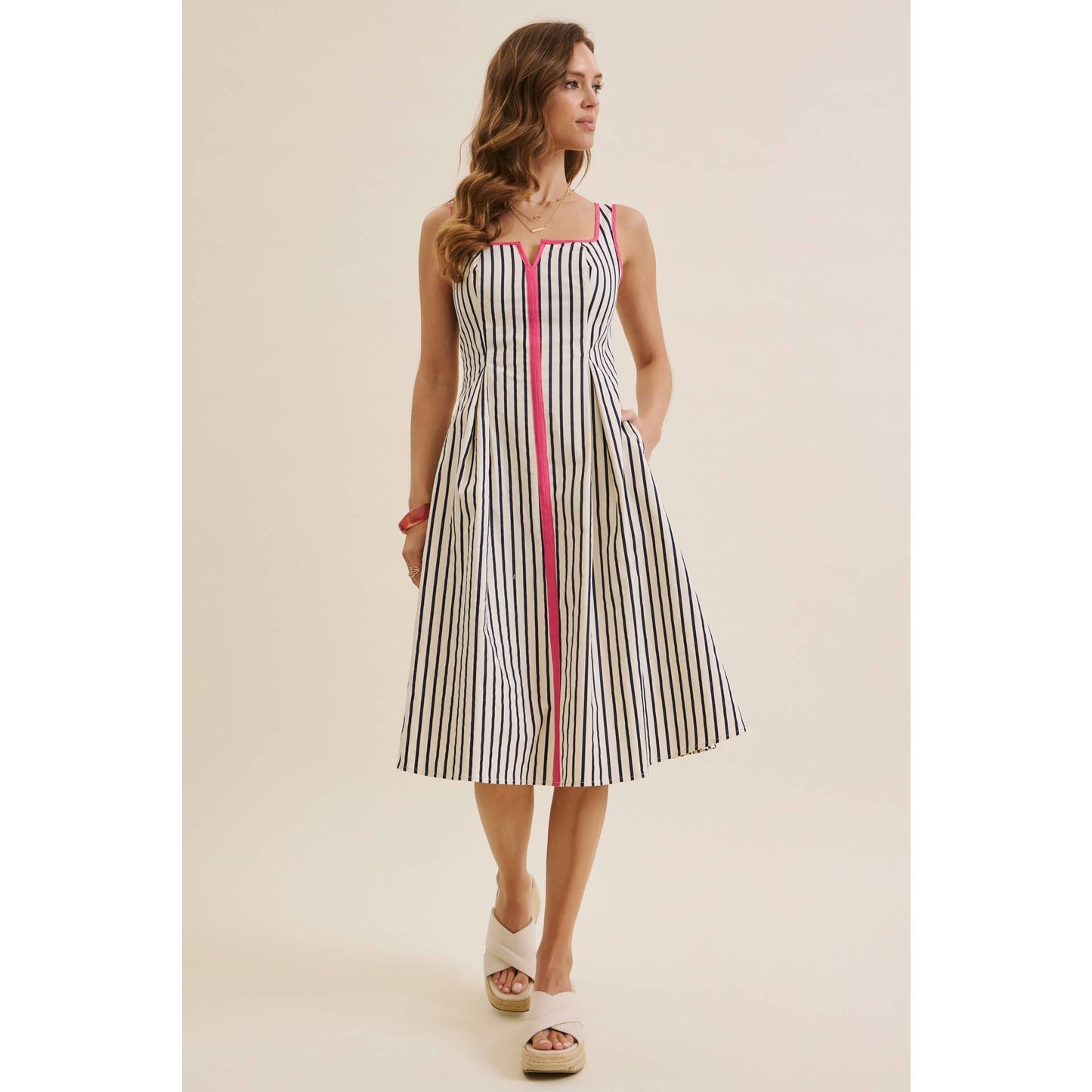 STRIPE PREPPY FIT-AND-FLARE MIDI WITH BOLD PINK CONTRAST