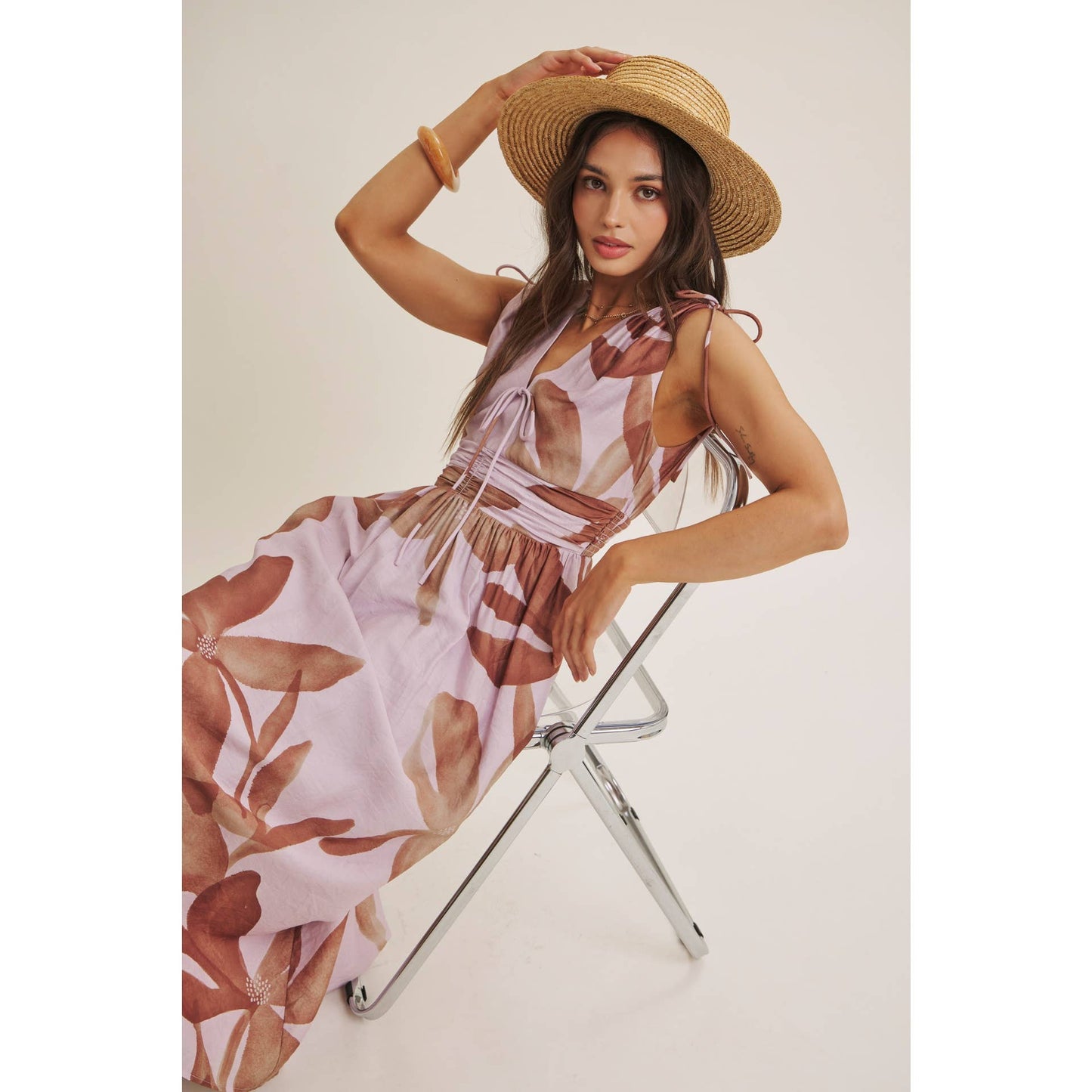 TROPICAL SUNSET OVERSIZED FLORAL MIDI WITH SHOULDER CUTOUT