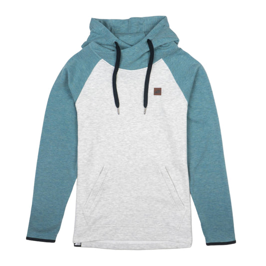 Hoodie with blue sleeves and light gray body on a beige background
