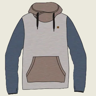 Hoodie with blue sleeves and a brown hood on a white background