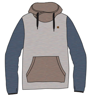 Hoodie with blue sleeves and a brown hood on a white background