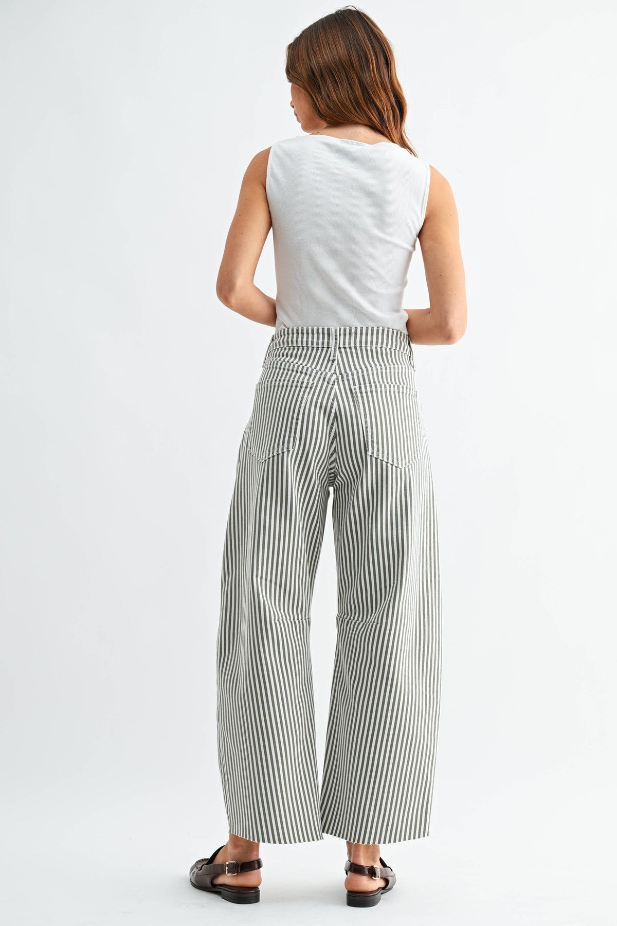 Olive Stripe Raw Hem Barrel Jean - Just Black Denim