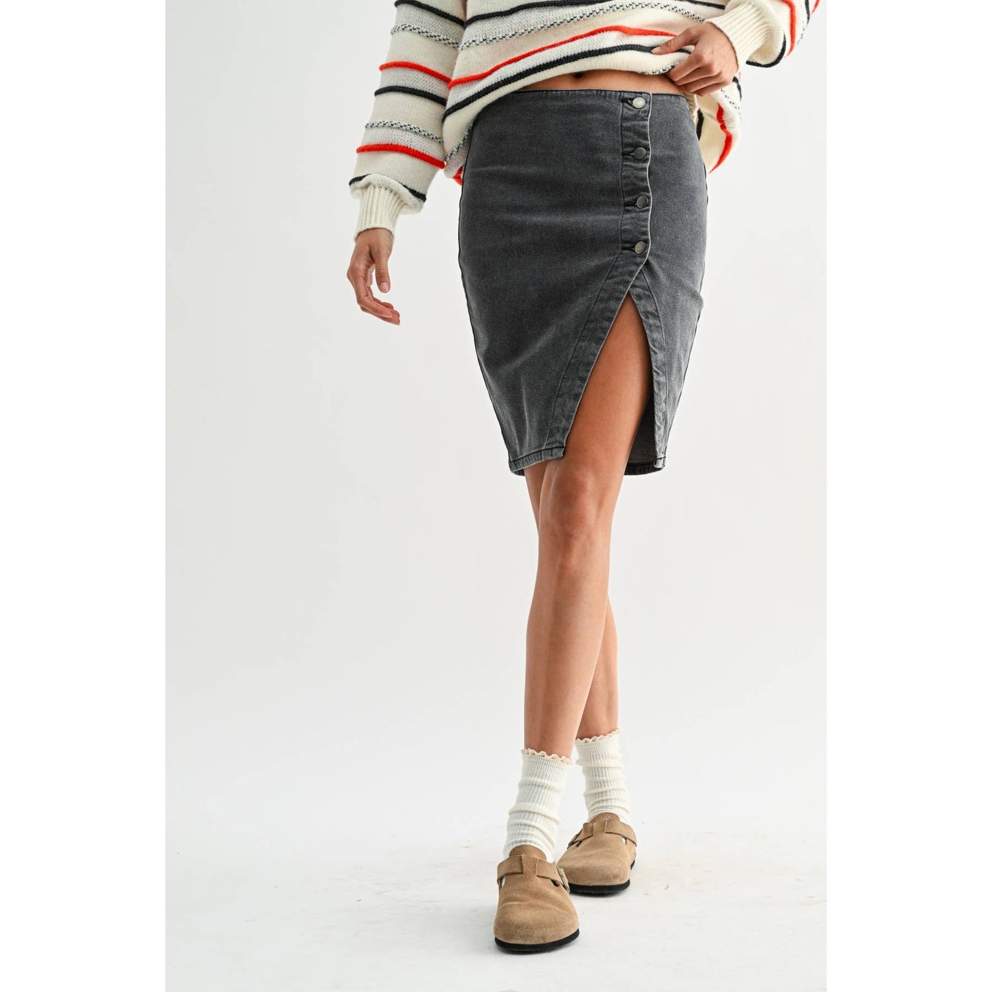 Washed Dark Grey Button Denim Skirt