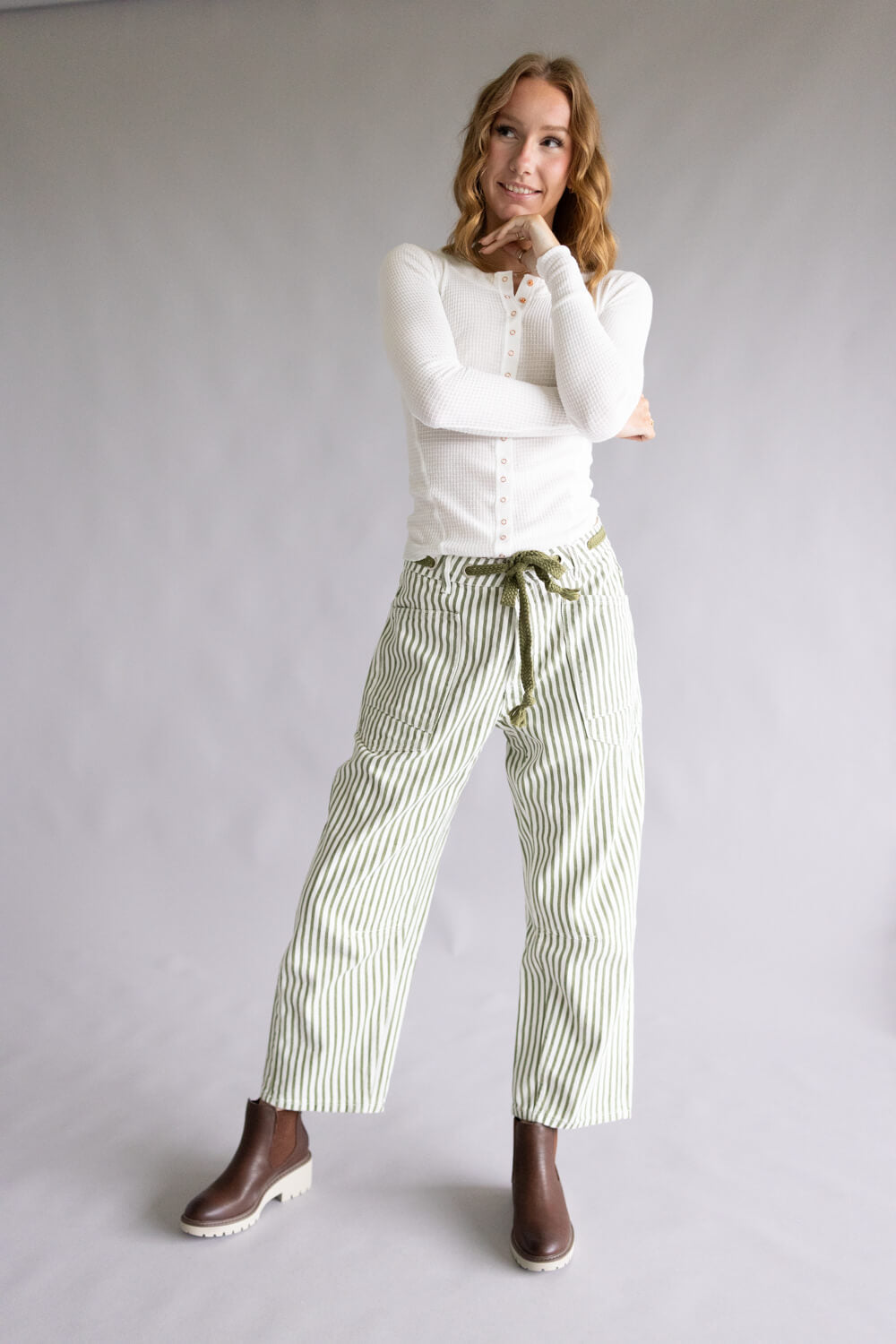 Olive Striped Barrel Jeans with Eyelet Waist