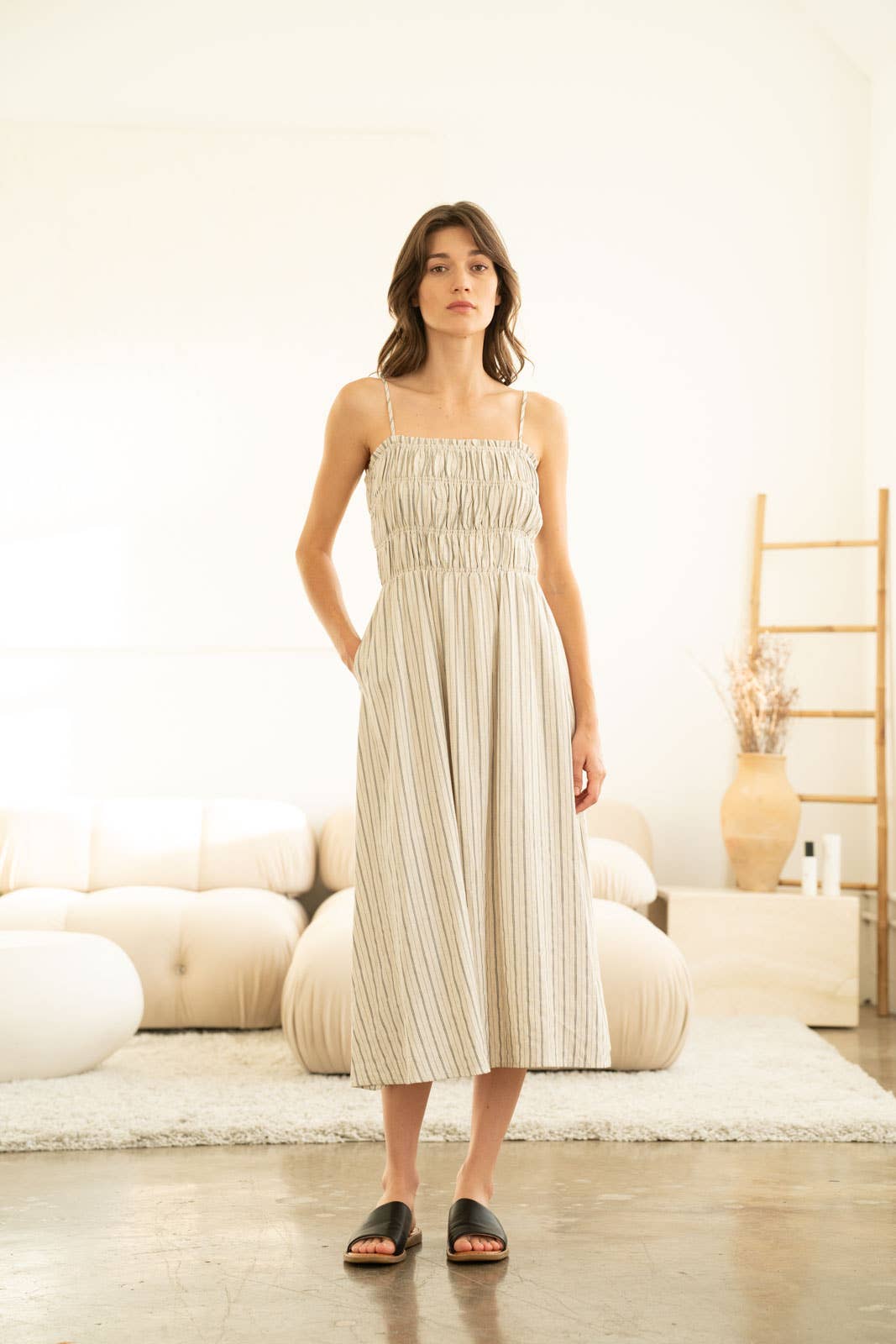 Striped Smocked Midi Dress