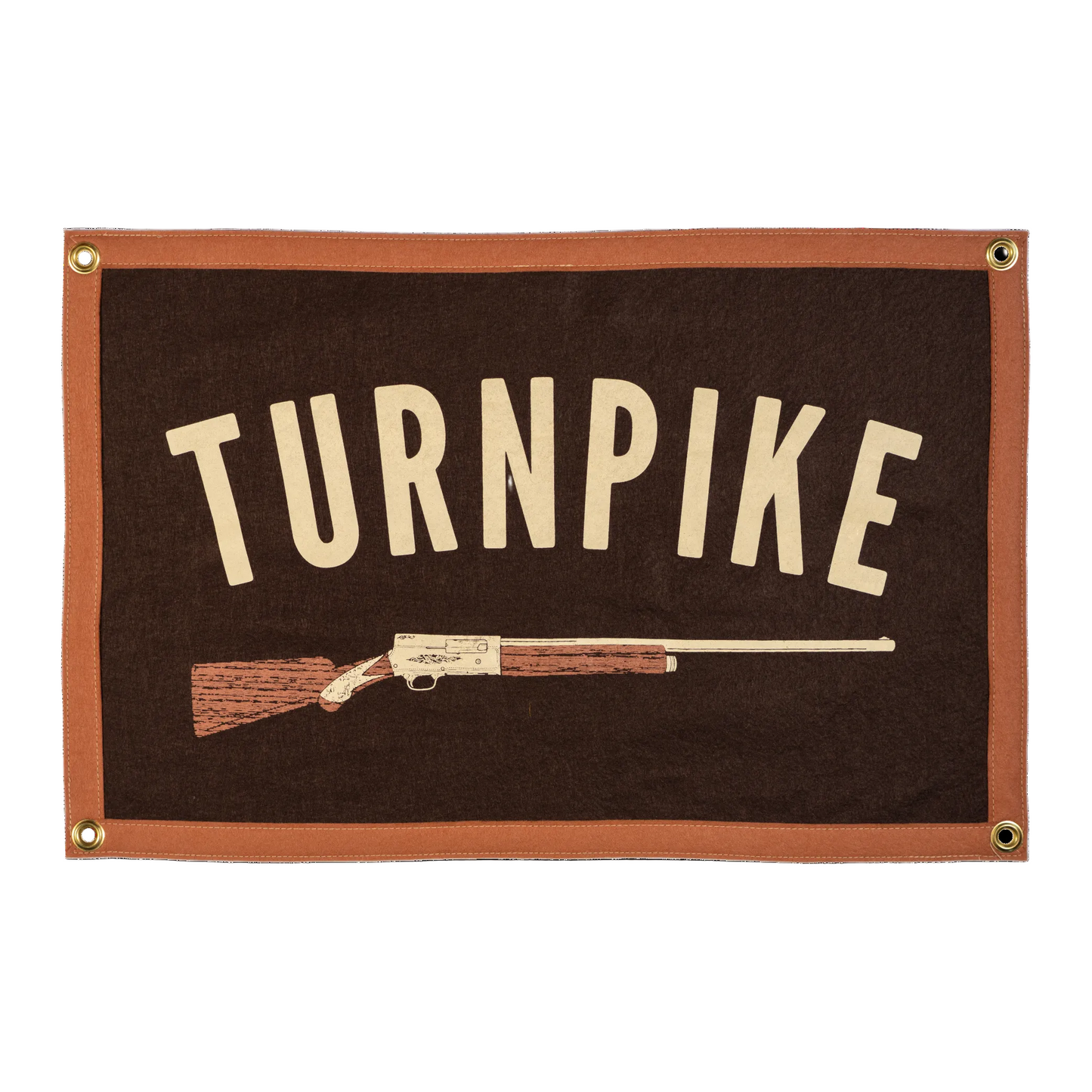 Banner with 'TURNPIKE' text and a rifle illustration on a brown background