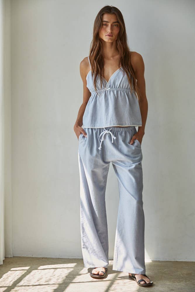 Woven Cotton Striped Wide Leg Pants