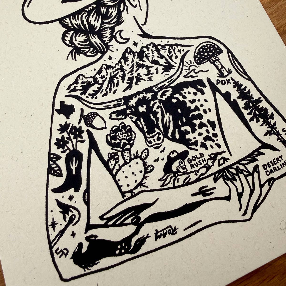 Tattooed Cowgirl 1 - Signed 8x10in Silkscreen Print on Recycled Paper