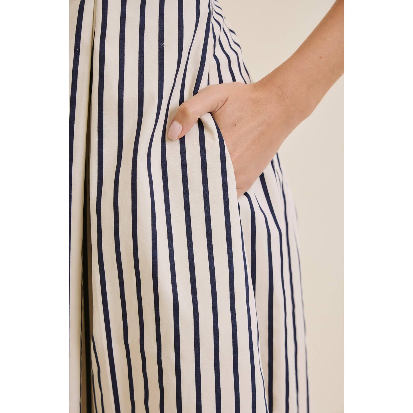 STRIPE PREPPY FIT-AND-FLARE MIDI WITH BOLD PINK CONTRAST