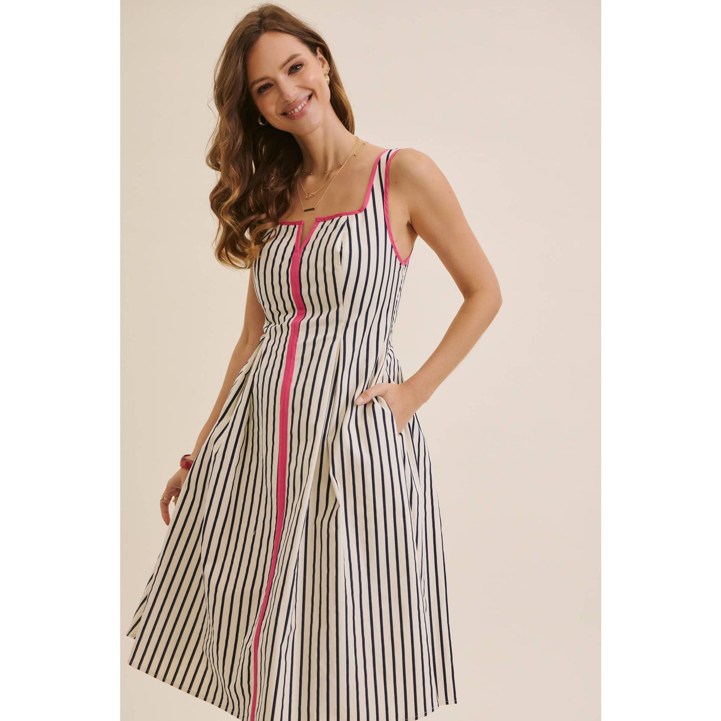 STRIPE PREPPY FIT-AND-FLARE MIDI WITH BOLD PINK CONTRAST