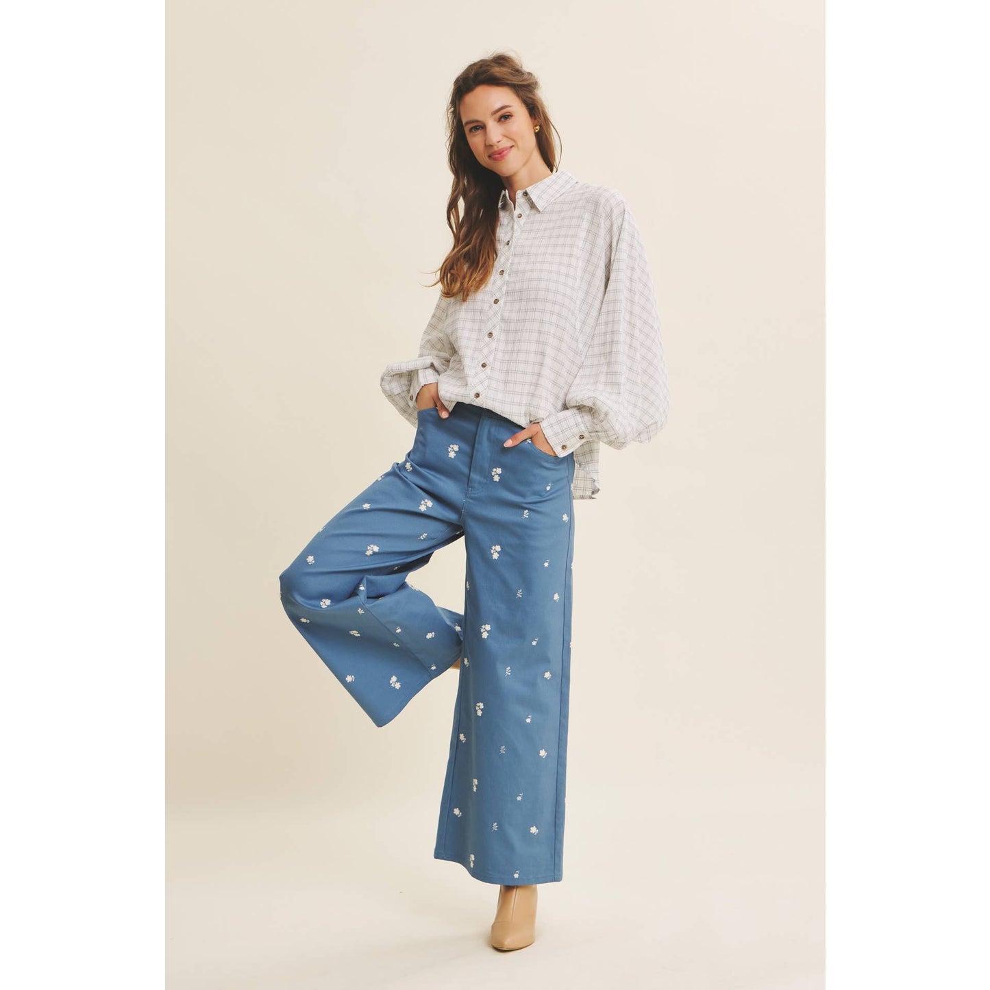 Embroidery Cotton Span Wide Leg Pants