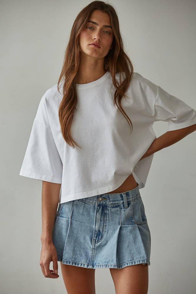 Knit Cotton Crew Neck Drop Shoulder Short Sleeve Top