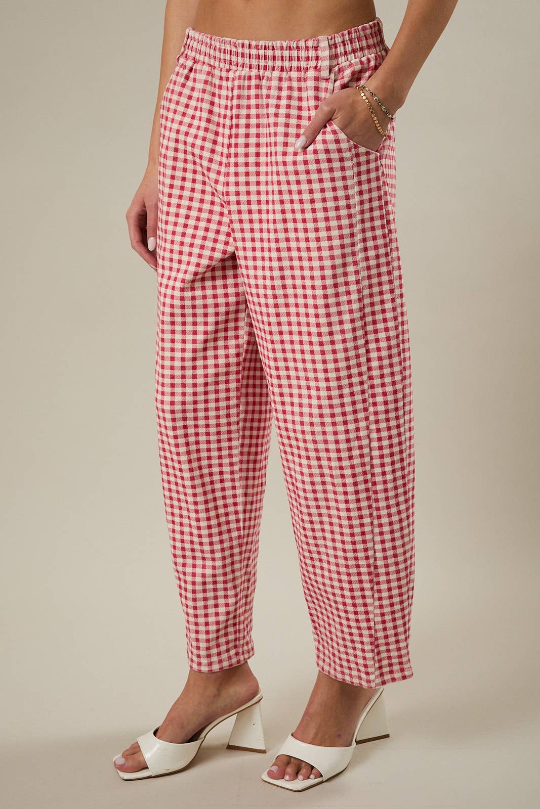 Red Gingham Printed Barrel Twill Pants